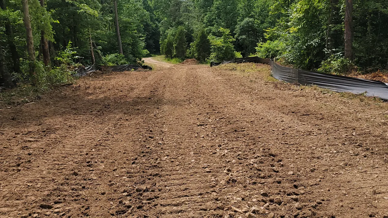 Freshly graded road lined with silt fence through green woods
